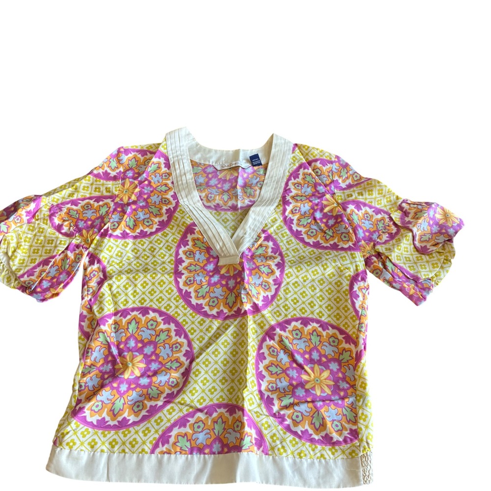 Robert Graham Silk Blouse Sz S‎ Yellow Purple Mandala Bell Sleeve & smocked hem
